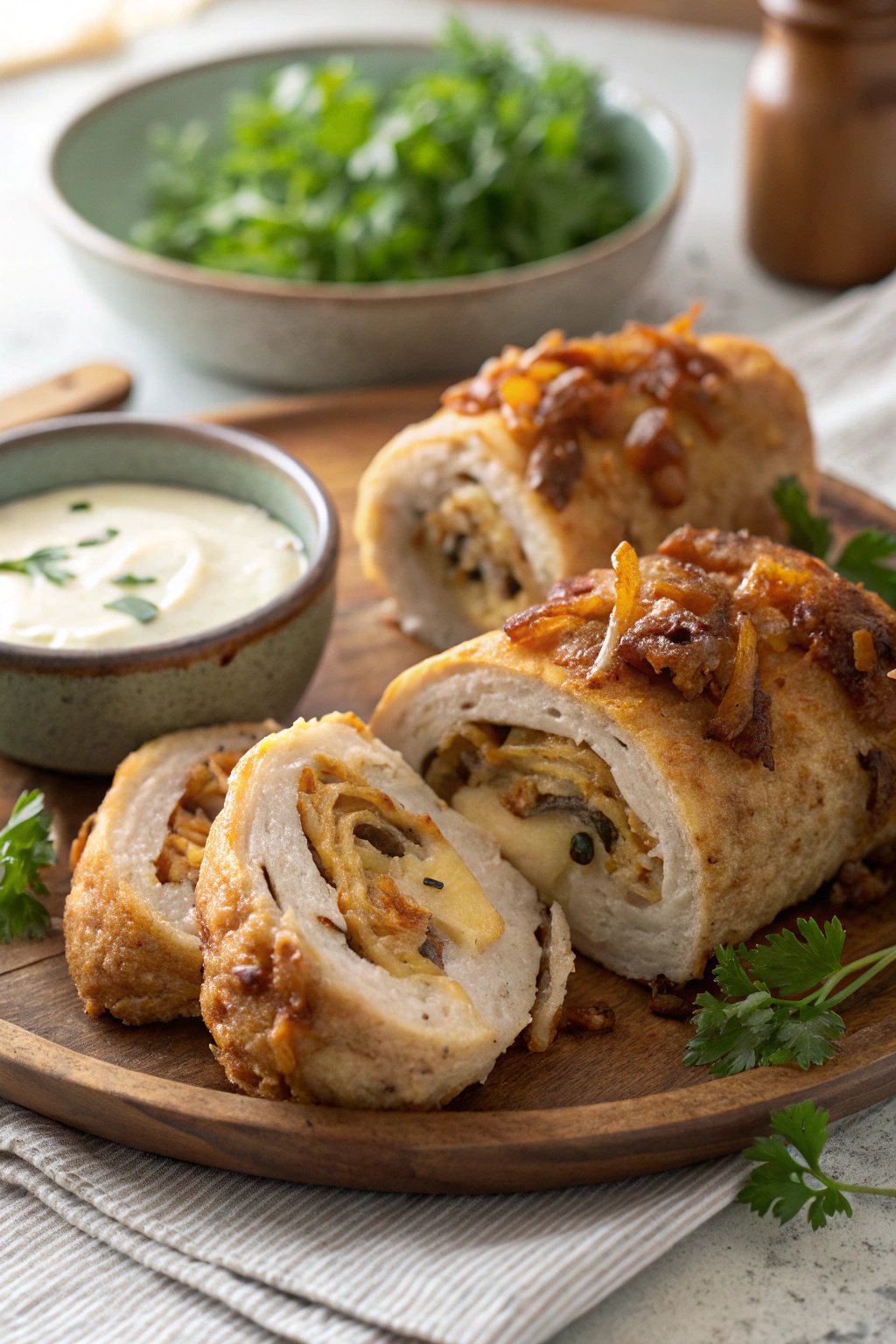 Cheesy Stuffed Chicken Rolls with Caramelized Onions