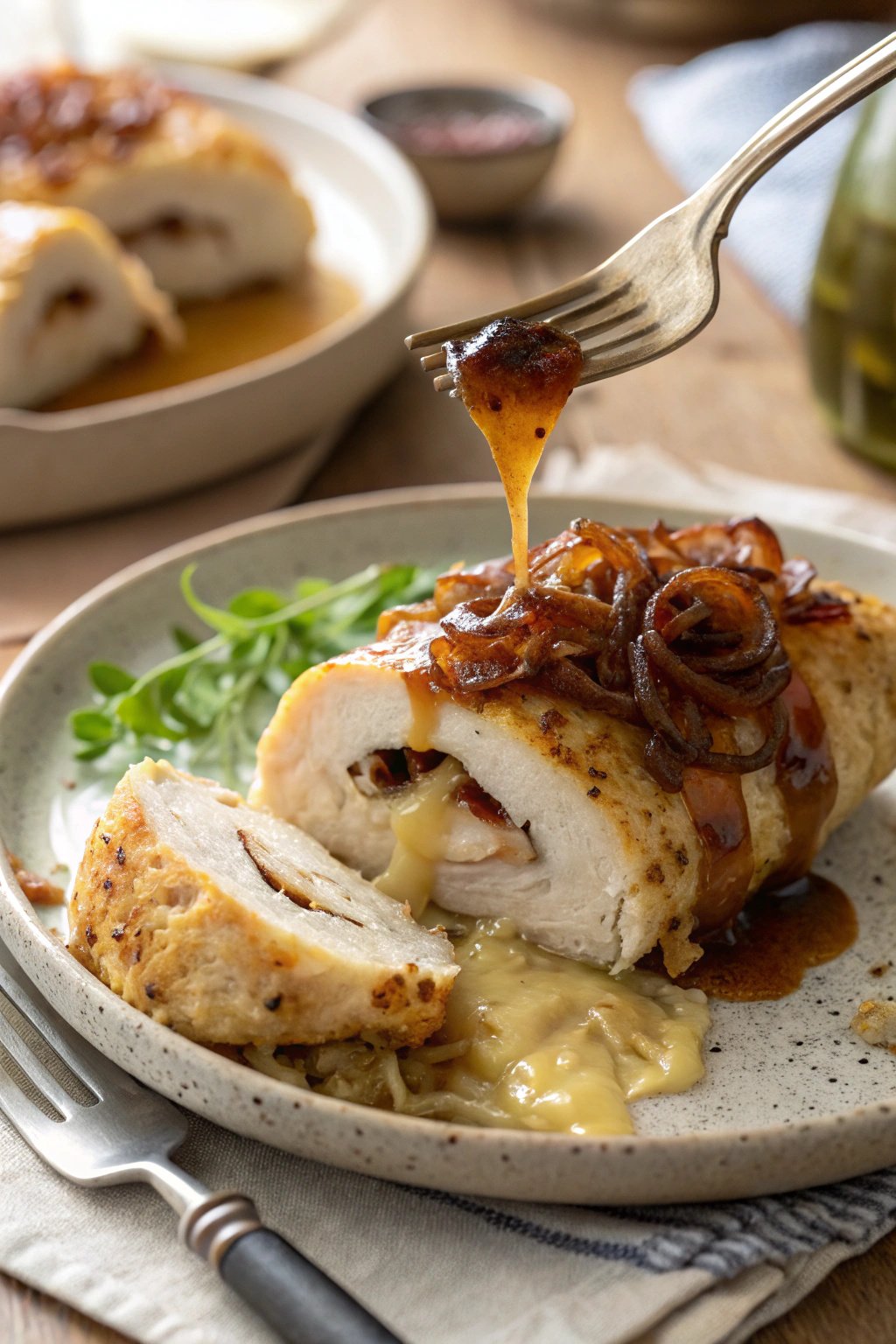 Cheesy Stuffed Chicken Rolls with Caramelized Onions
