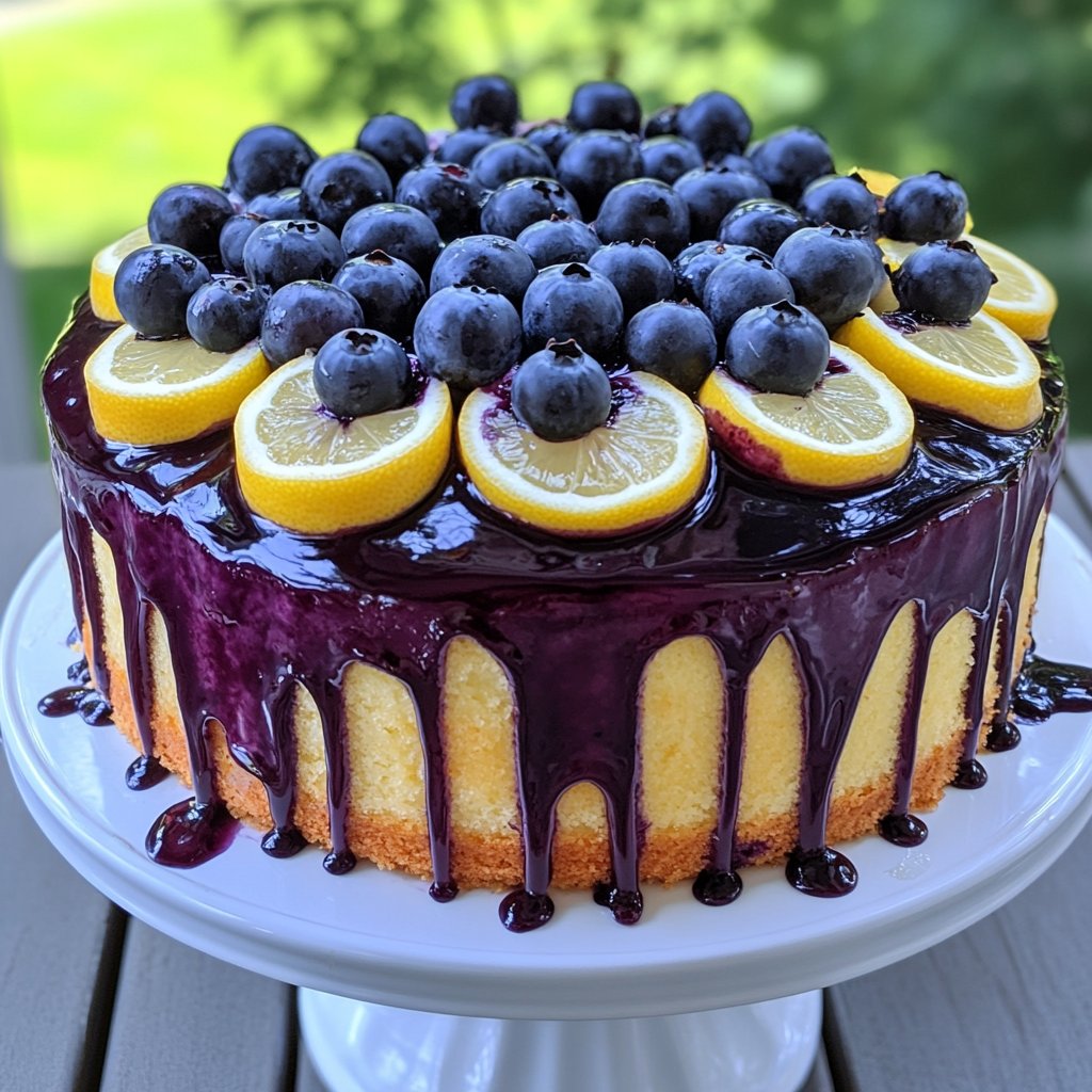 Lemon Chiffon Cake with Blueberry Glaze