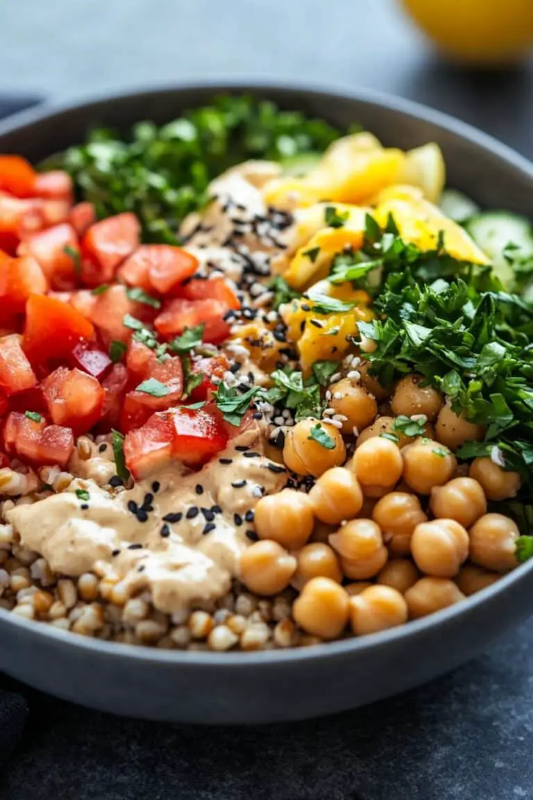 High Protein Chickpea Grain Bowl with Lemon Tahini Dressing