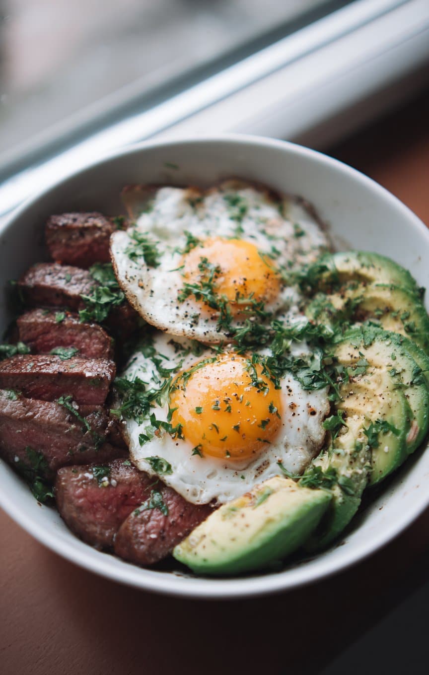 Protein Power Bowl with Steak, Avocado & Over-Easy Eggs