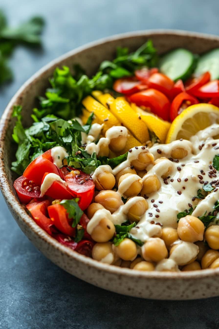 High Protein Chickpea Grain Bowl with Lemon Tahini Dressing