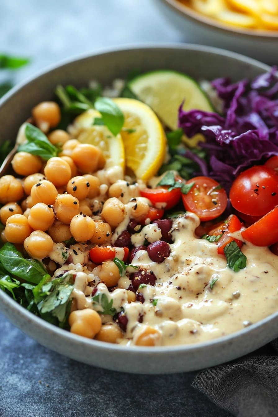 High Protein Chickpea Grain Bowl with Lemon Tahini Dressing