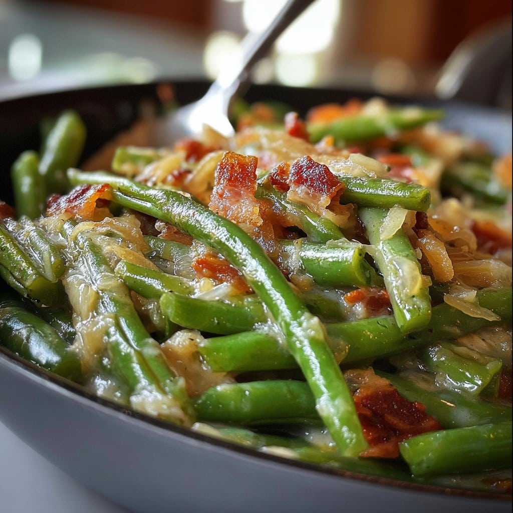 Easy Smothered Green Beans with Bacon & Onions