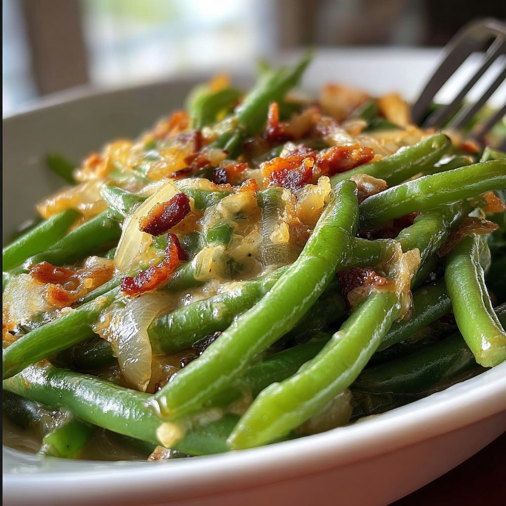 Easy Smothered Green Beans with Bacon & Onions