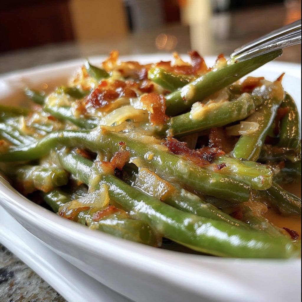 Easy Smothered Green Beans with Bacon & Onions
