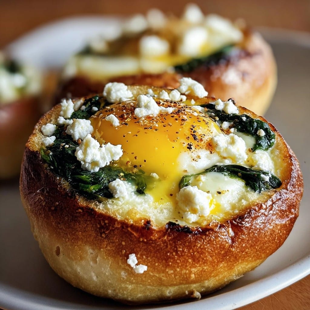 Baked Eggs in Bread Buns with Spinach & Feta – Easy Brunch Idea