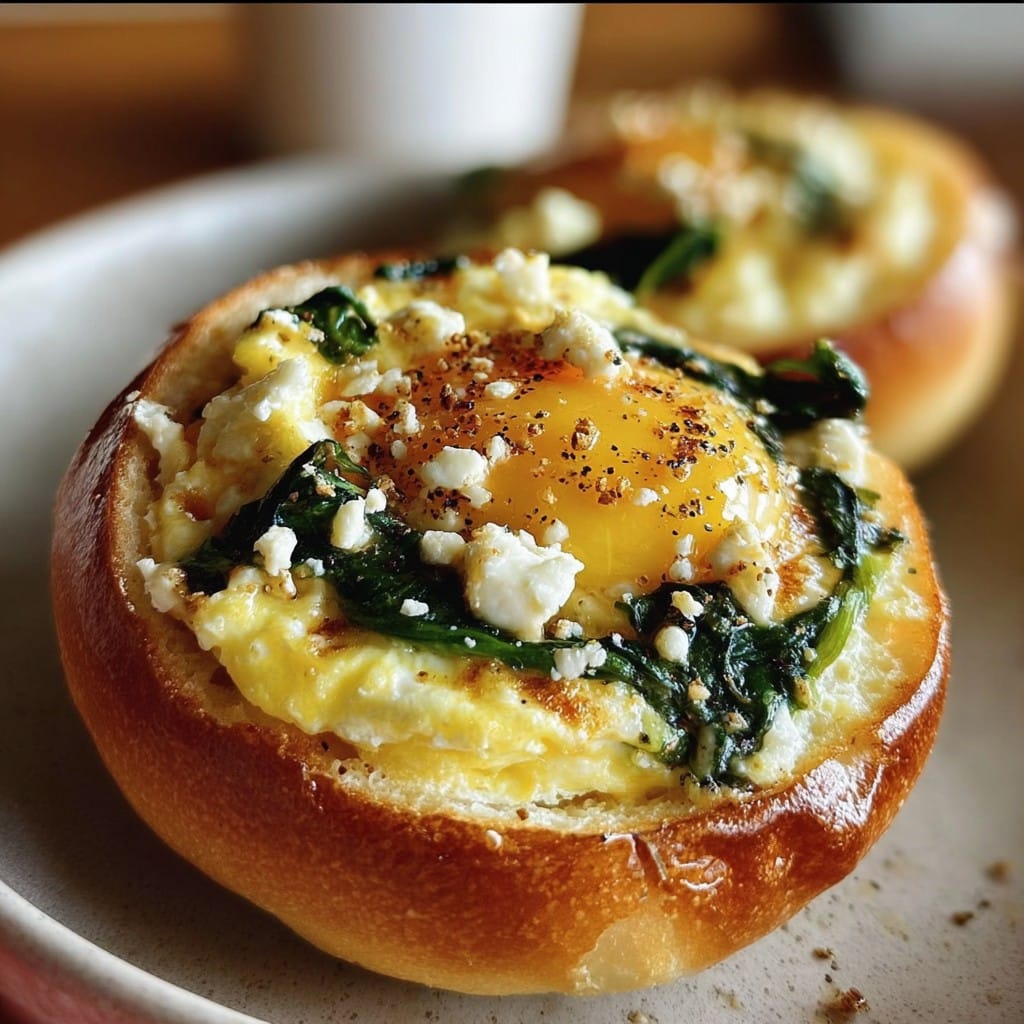 Baked Eggs in Bread Buns with Spinach & Feta – Easy Brunch Idea