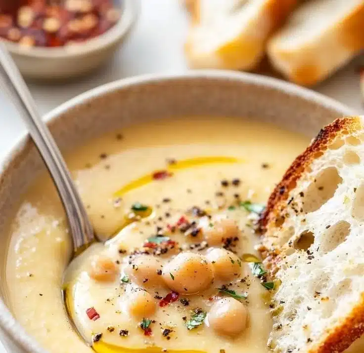 Bowl of hearty Garlic Chickpea Soup garnished with fresh herbs