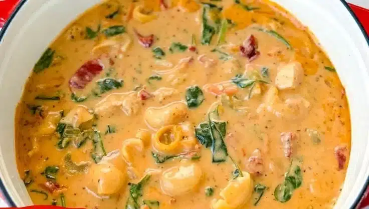 Bowl of Marry Me Tuscan Chicken Soup with fresh herbs and chicken pieces.